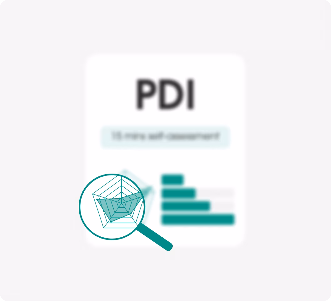 Abstract illustration of a magnifying glass focusing on a spider chart over a blurred background with bar charts and the text 'PDI'.