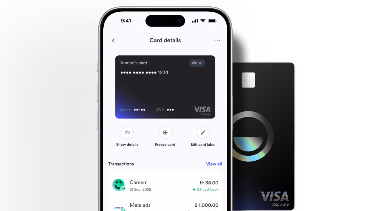 Mobile screen showing virtual Visa corporate card details, options to show details, freeze card, edit label, and recent transactions with Careem and Meta ads.