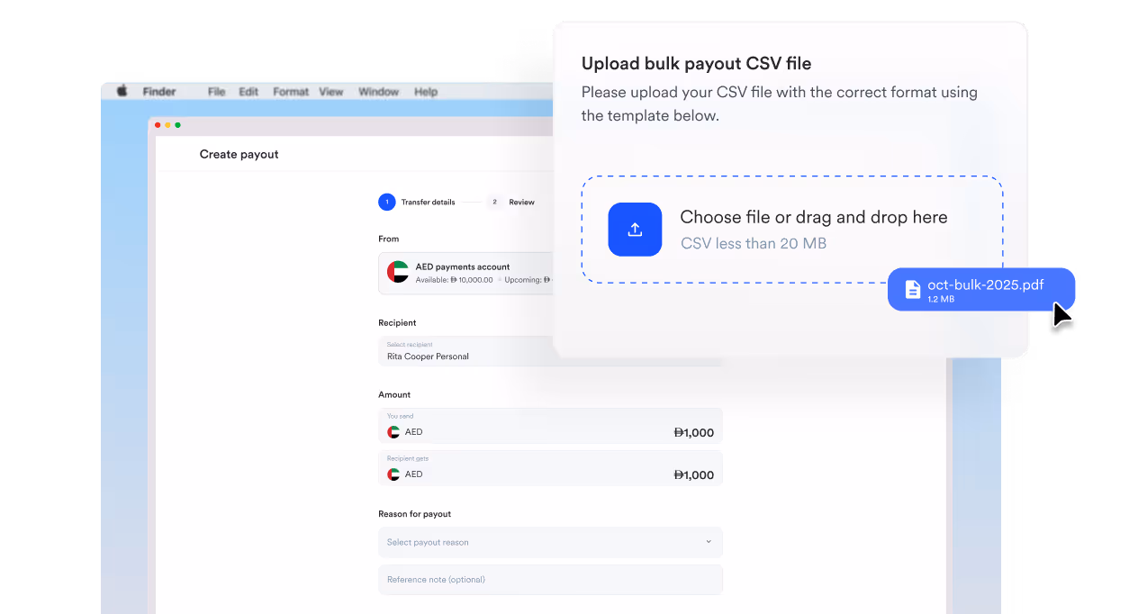 Screen showing a bulk payout CSV upload interface with a drag and drop area and a PDF file named 'oct-bulk-2025.pdf' being dragged, overlaying a payout creation form with fields for account, recipient, amount, and payout reason.