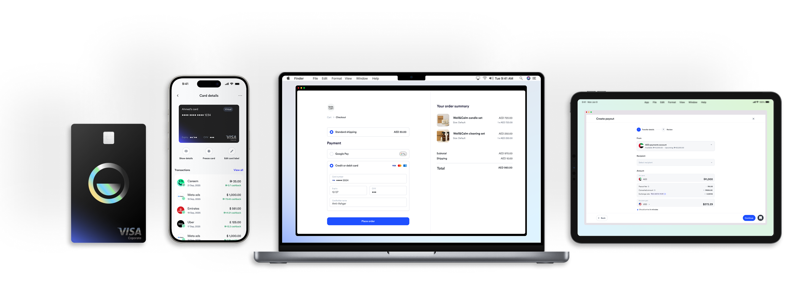Black Visa corporate card, smartphone showing card details and transactions, laptop with online checkout page, and tablet with payout creation screen.