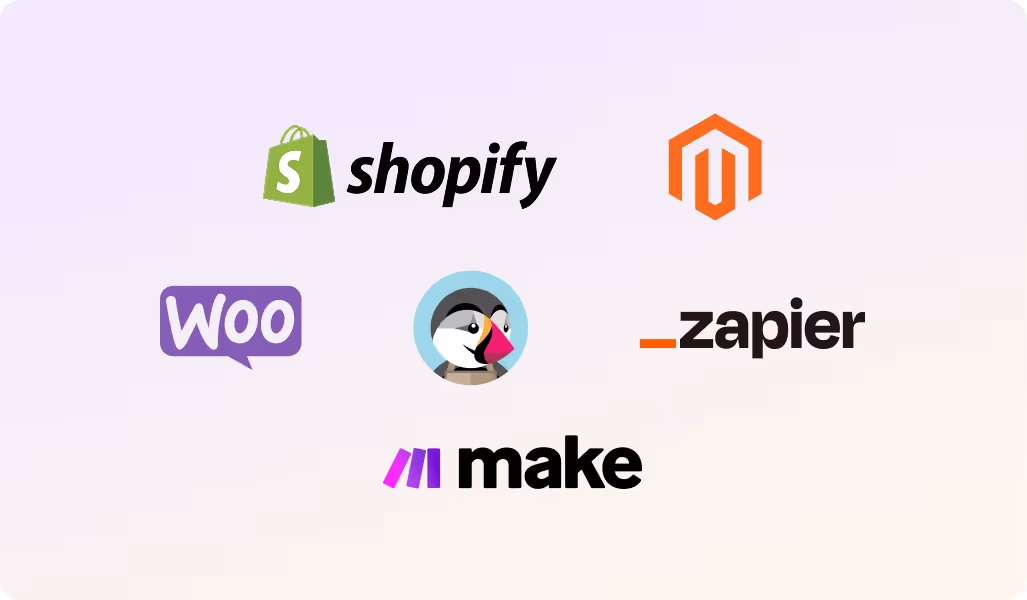 Logos of Shopify, Magento, WooCommerce, PrestaShop bird mascot, Zapier, and Make arranged on a light gradient background.