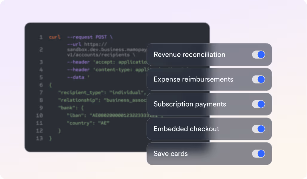 Dark-themed code snippet on the left with JSON data for bank recipient; on the right, five toggle switches labeled Revenue reconciliation, Expense reimbursements, Subscription payments, Embedded checkout, and Save cards, all switched on.