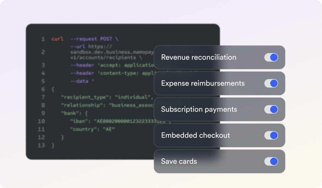 Dark-themed code snippet on the left with JSON data for bank recipient; on the right, five toggle switches labeled Revenue reconciliation, Expense reimbursements, Subscription payments, Embedded checkout, and Save cards, all switched on.