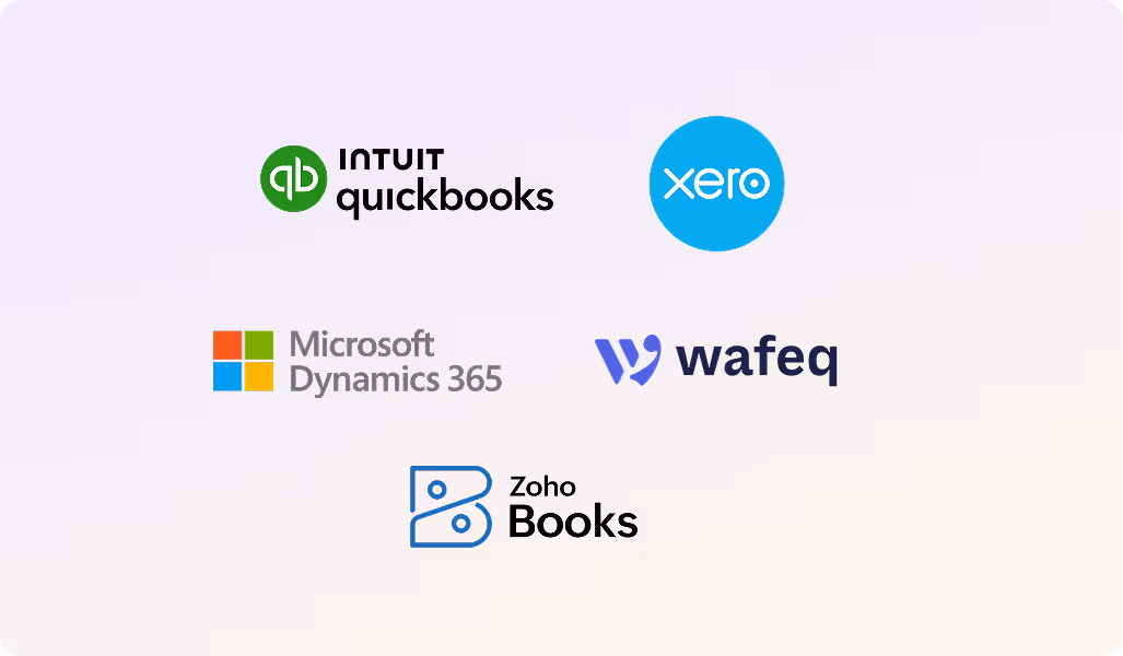 Logos of accounting and business software: Intuit QuickBooks, Xero, Microsoft Dynamics 365, Wafeq, and Zoho Books on a light gradient background.