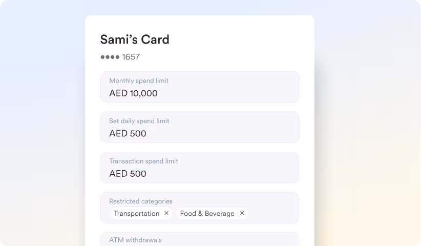 Digital card interface titled Sami’s Card showing monthly spend limit AED 10,000, daily and transaction spend limits of AED 500, and restricted categories Transportation and Food & Beverage.