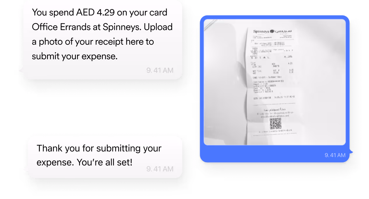 Chat showing a message about spending AED 4.29 on Office Errands at Spinneys and instructions to upload a receipt photo, followed by a receipt image and a confirmation message saying the expense is submitted.