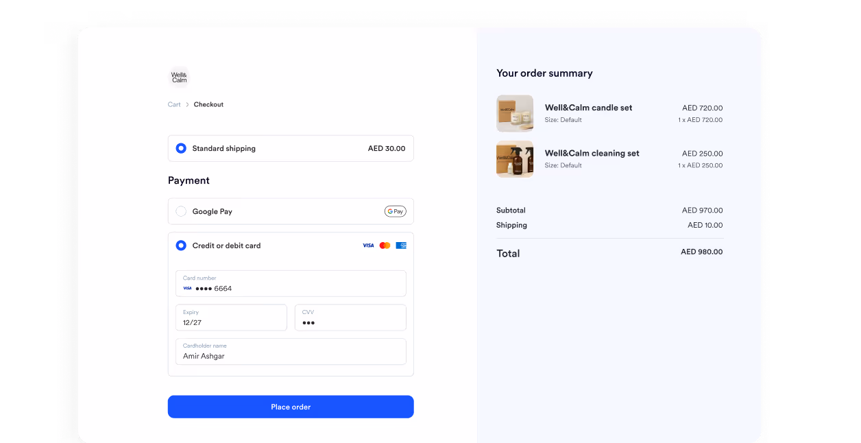Checkout page with payment options including Google Pay and credit card, shipping selection, order summary of Well&Calm candle and cleaning sets, and a blue Place order button.