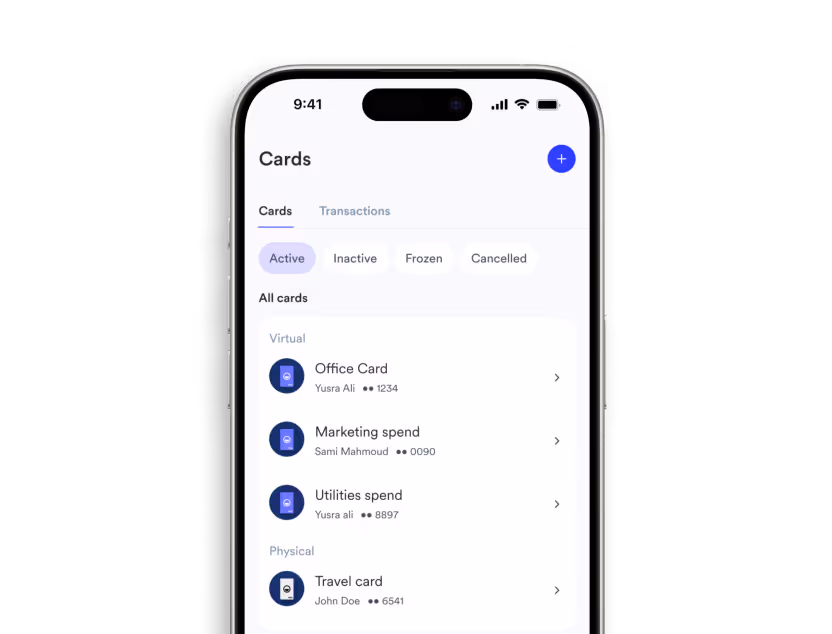 Mobile app interface showing card management screen with tabs for Active, Inactive, Frozen, and Cancelled cards, listing virtual and physical cards with user names and last four digits.