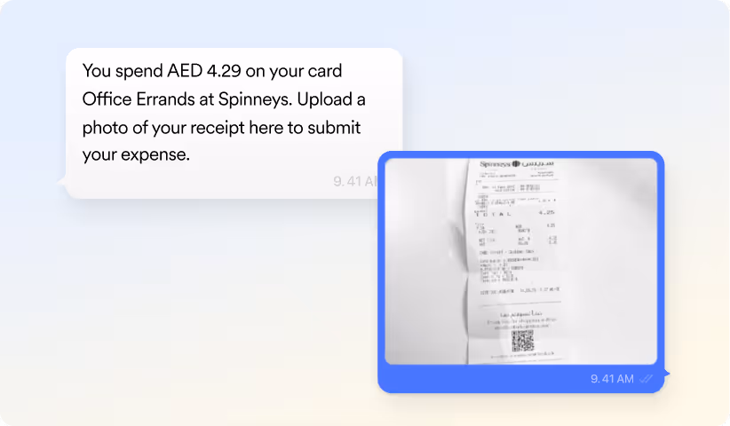 Chat message prompting upload of a receipt photo for a 4.29 AED purchase at Spinneys with the receipt photo visible.
