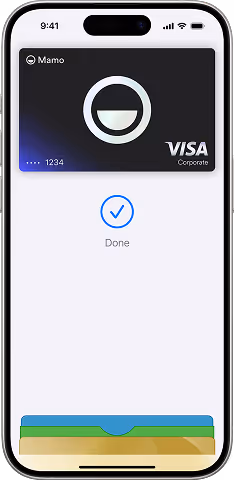 iPhone screen showing a digital Visa corporate card with a checkmark and 'Done' confirmation below.