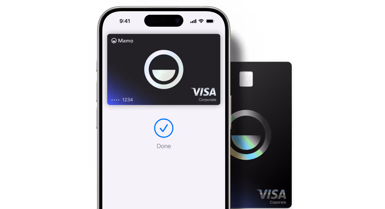 Smartphone screen showing a digital VISA Corporate card with a checkmark and the word 'Done' below it, next to a physical VISA Corporate card.