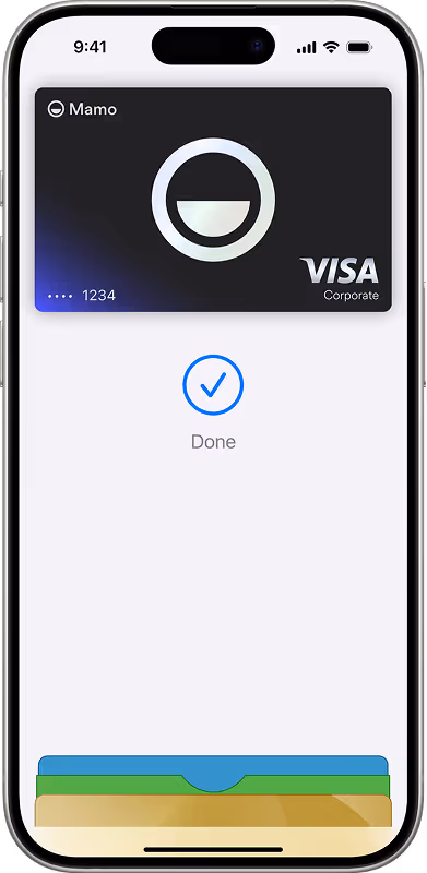 Smartphone screen showing a digital Visa Corporate card with the label 'Mamo' and a checkmark with the word 'Done' below it.