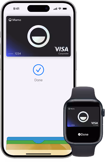 Smartphone and smartwatch screens showing a digital Visa corporate card from Mamo with a confirmation checkmark and the word Done.