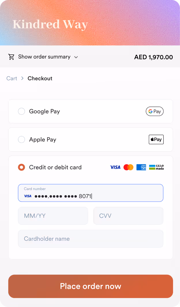 Mobile checkout page for Kindred Way showing payment options including Google Pay, Apple Pay, and credit or debit card with masked card number ending in 8071, expiry date, CVV, and cardholder name fields, and a Place order now button.