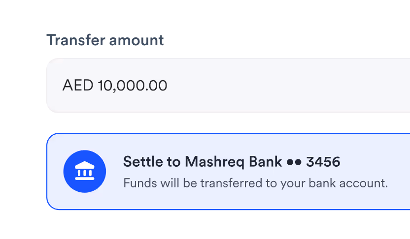 Bank transfer interface showing transfer amount of AED 10,000.00 and a settled payment to Mashreq Bank account ending in 3456.