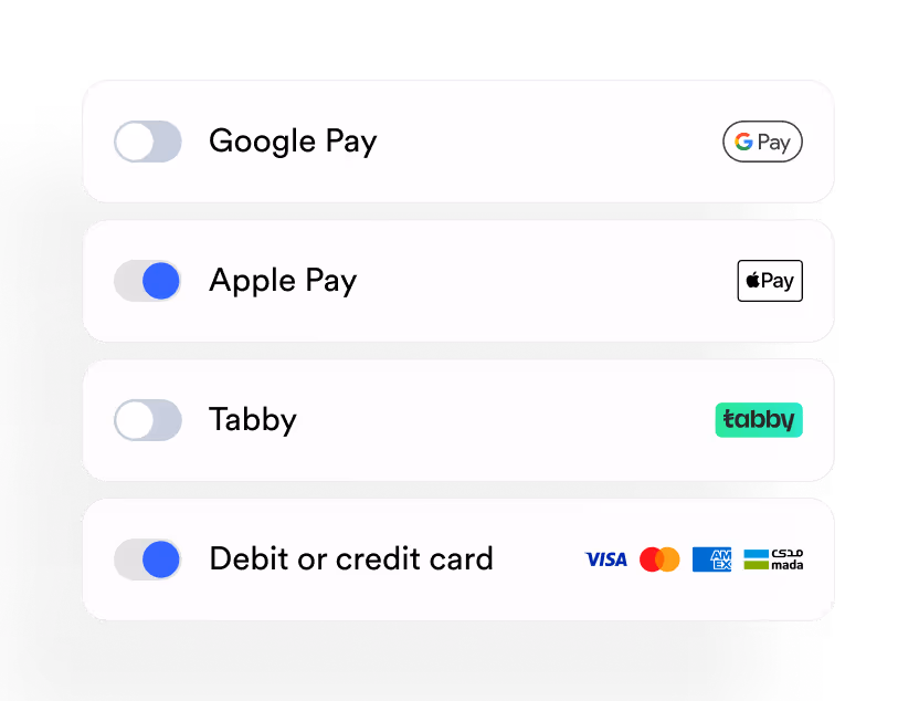 Payment method options with toggle switches for Google Pay, Apple Pay, Tabby, and debit or credit card, with Apple Pay and debit/credit card toggled on.