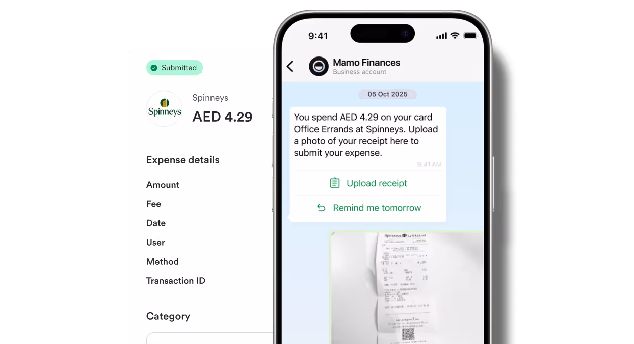 Mobile screen showing Mamo Finances app with a prompt to upload a receipt for AED 4.29 spent at Spinneys, along with an image of a receipt.