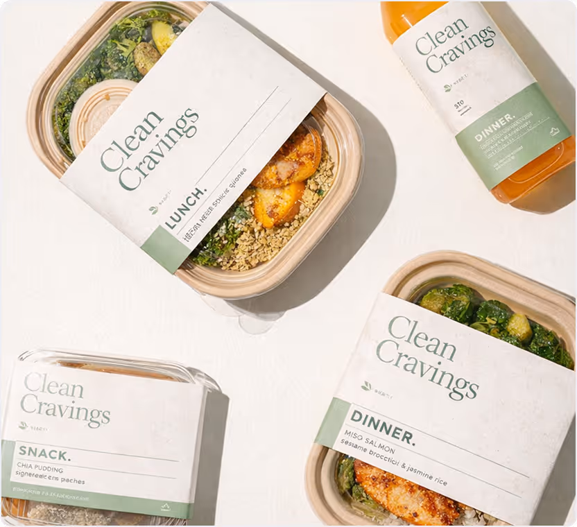 Four Clean Cravings meal packages including lunch with herbs and sticky quinoa, dinner with miso salmon and jasmine rice, snack with chia pudding, and a drink.