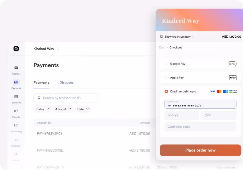 User interface showing a payments dashboard with transaction IDs and amounts on the left, and a checkout panel on the right with payment options including Google Pay, Apple Pay, and credit or debit card entry with card number partially input and a 'Place order now' button.