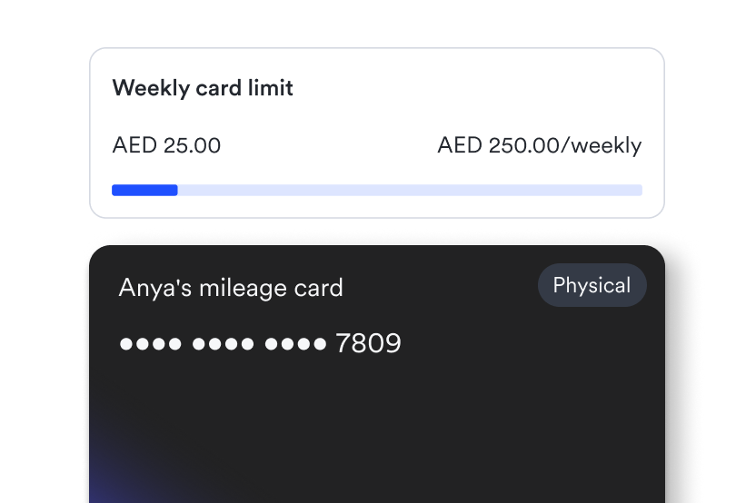 Weekly card limit shows AED 25 spent of AED 250 weekly, with a progress bar and a physical card ending in 7809.