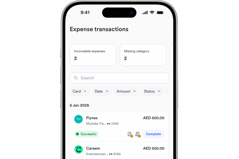 Mobile screen showing expense transactions with two incomplete expenses and missing categories.