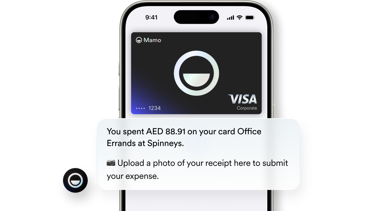 Mobile screen showing a Visa card and message about AED 88.91 spent on office errands at Spinneys with receipt upload prompt.