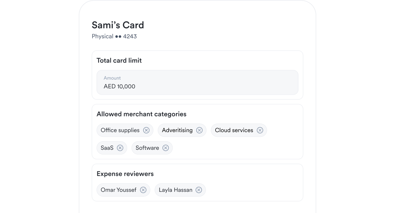 Sami’s Card with a 10,000 AED limit, allowed merchant categories, and expense reviewers named Omar Youssef and Layla Hassan.