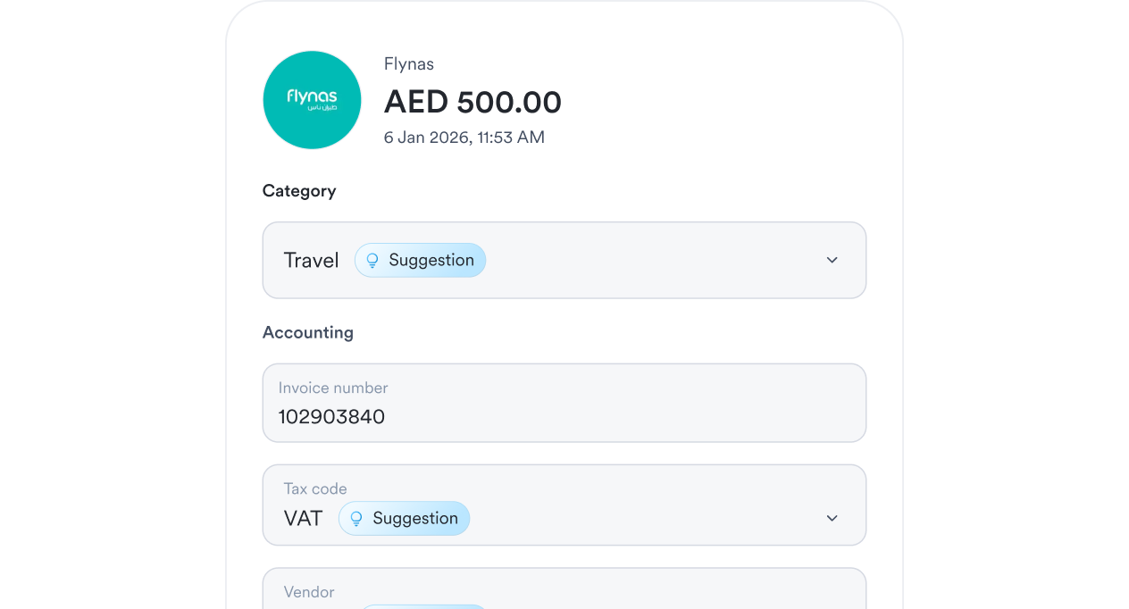 Flynas transaction for AED 500 dated 6 Jan 2026 with travel category and VAT tax code details.