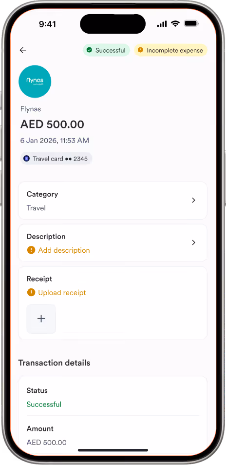 Mobile screen showing AED 500 Flynas travel expense marked successful with missing description and receipt upload prompts.