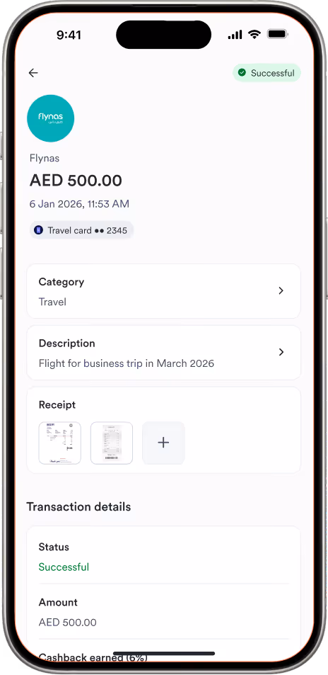 Mobile screen showing a successful AED 500 Flynas travel card transaction for a March 2026 business trip.