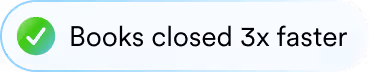 Green checkmark icon with text: Books closed 3x faster in a rounded rectangle badge.