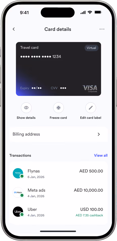 Mobile screen showing a virtual Visa travel card with masked details and recent transactions.