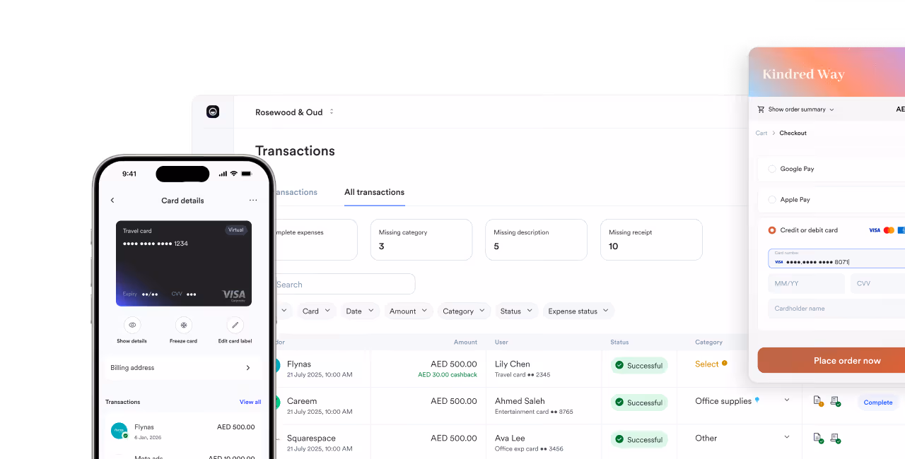 Mobile and desktop views of financial apps showing card details, transaction history, and checkout options.