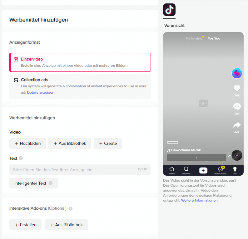 TikTok Werbung: Anzeigendetails einstellen