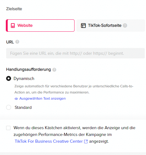 TikTok Werbing: Webseiten-URL einfügen und CTA einstellen