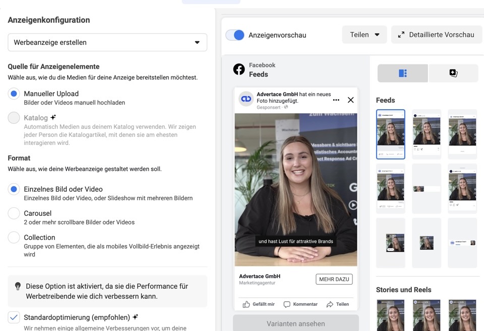 In der Anzeigenkonfiguration deine Instagram Ads gestalten
