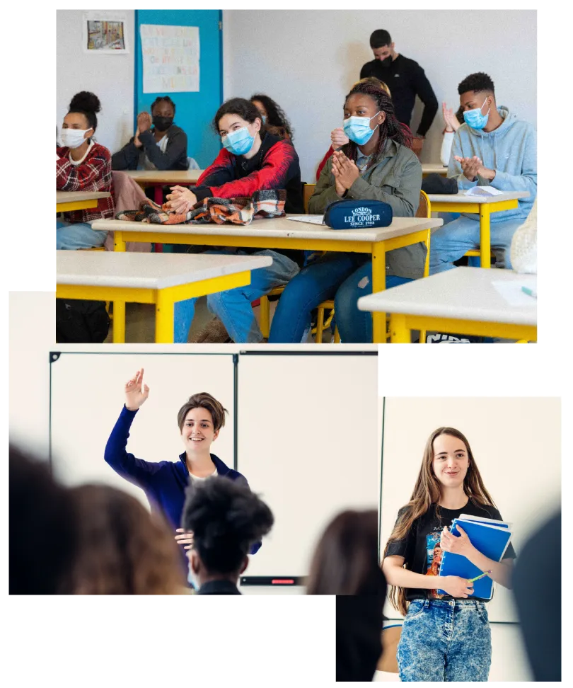 Jeunes lycéens pratiquant l'art oratoire en classe au lycée 