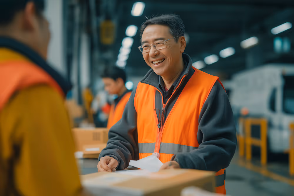 Warehouse worker smiling