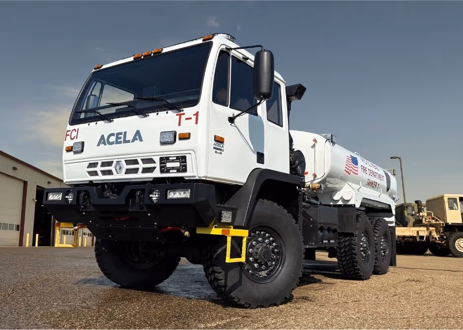 Acela Monterra 6x6 configured as a water truck for off-road dust control, firefighting, or utility support