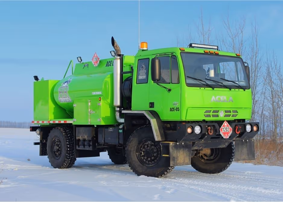 Acela Monterra 4x4 equipped with neon green fuel body for high-visibility mobile refueling operations