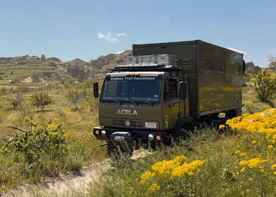 BAT, the Acela Monterra 6x6, driving through the Turkish grasslands on an overland expedition