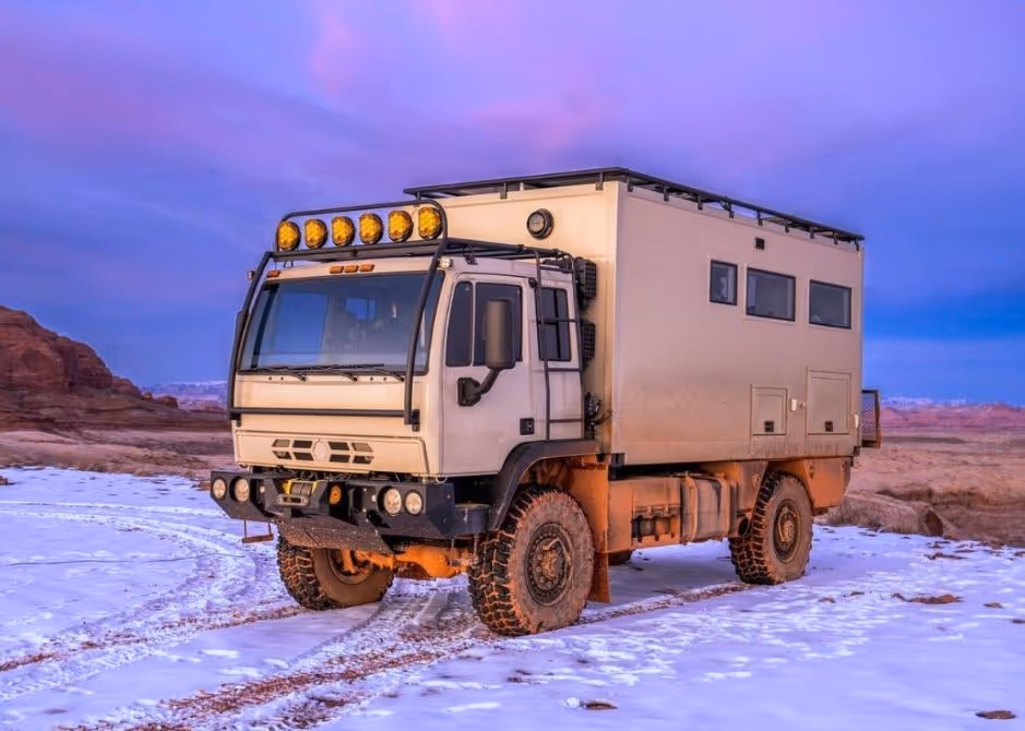4xploration on a camping trip in the desert during winter in an Acela Monterra 4x4 overland expedition truck