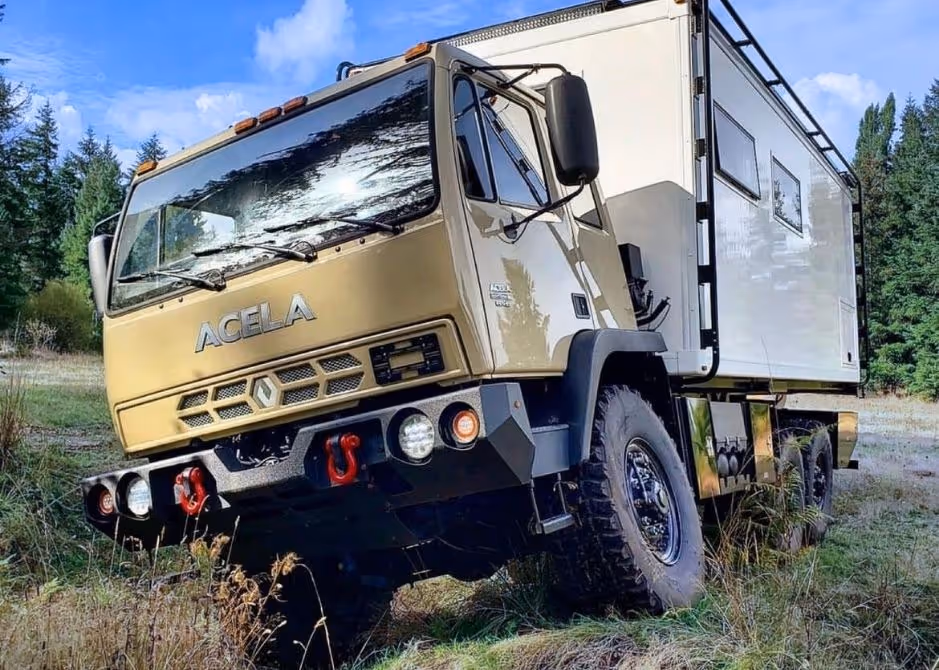 Roxy, the Acela Monterra 4x4 rentable through SkyBreaker Overland, demonstrating off-road capability for expeditions