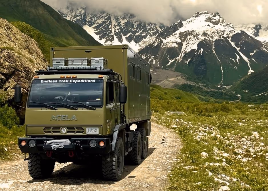BAT, the Acela Monterra 6x6, driving through the mountainous terrain of Georgia (the country) on an overland expedition