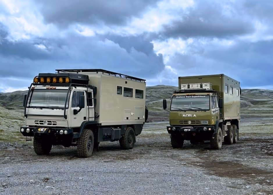 BAT and 4xploration’s Acela Monterra trucks pictured together in Iceland during overland expeditions