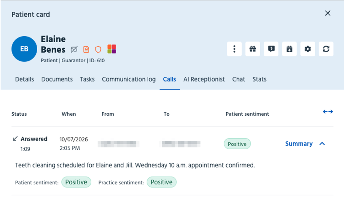Communication Log showing a call summary and recording in Dental Intelligence Voice