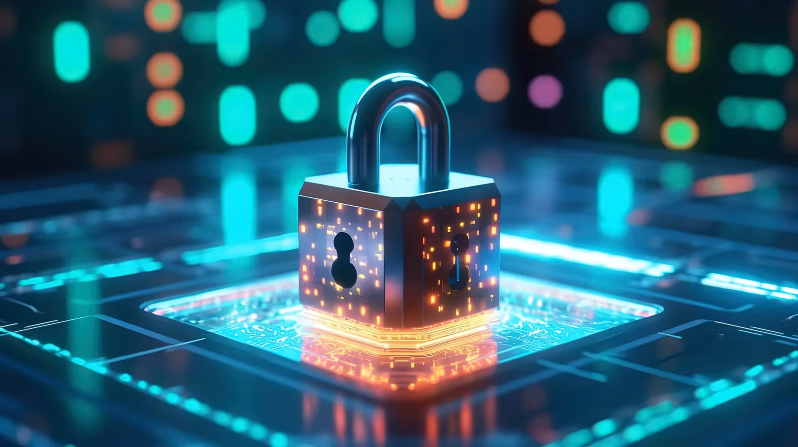 A.I.-generated image of a padlock sitting on top of a virtual network.