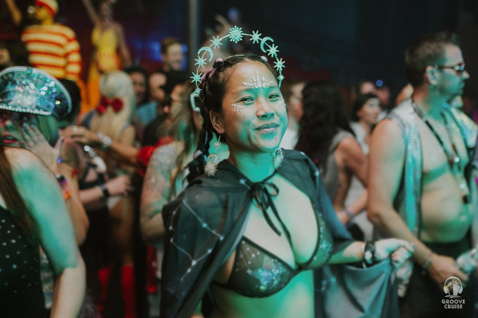 Woman wearing festival costume for theme night on Groove Cruise