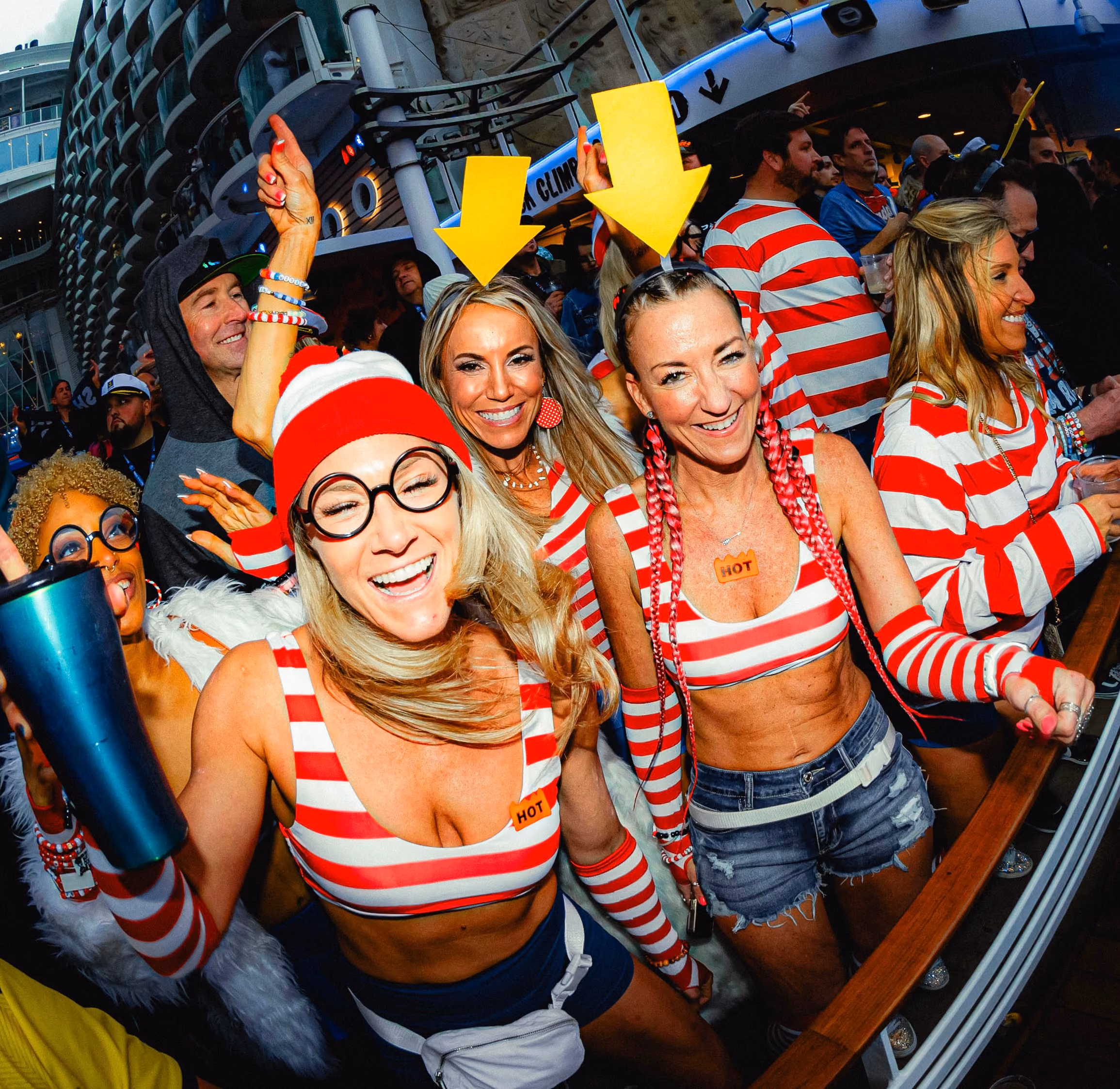 Groove Cruise guests expressing themselves in festival costumes for theme night