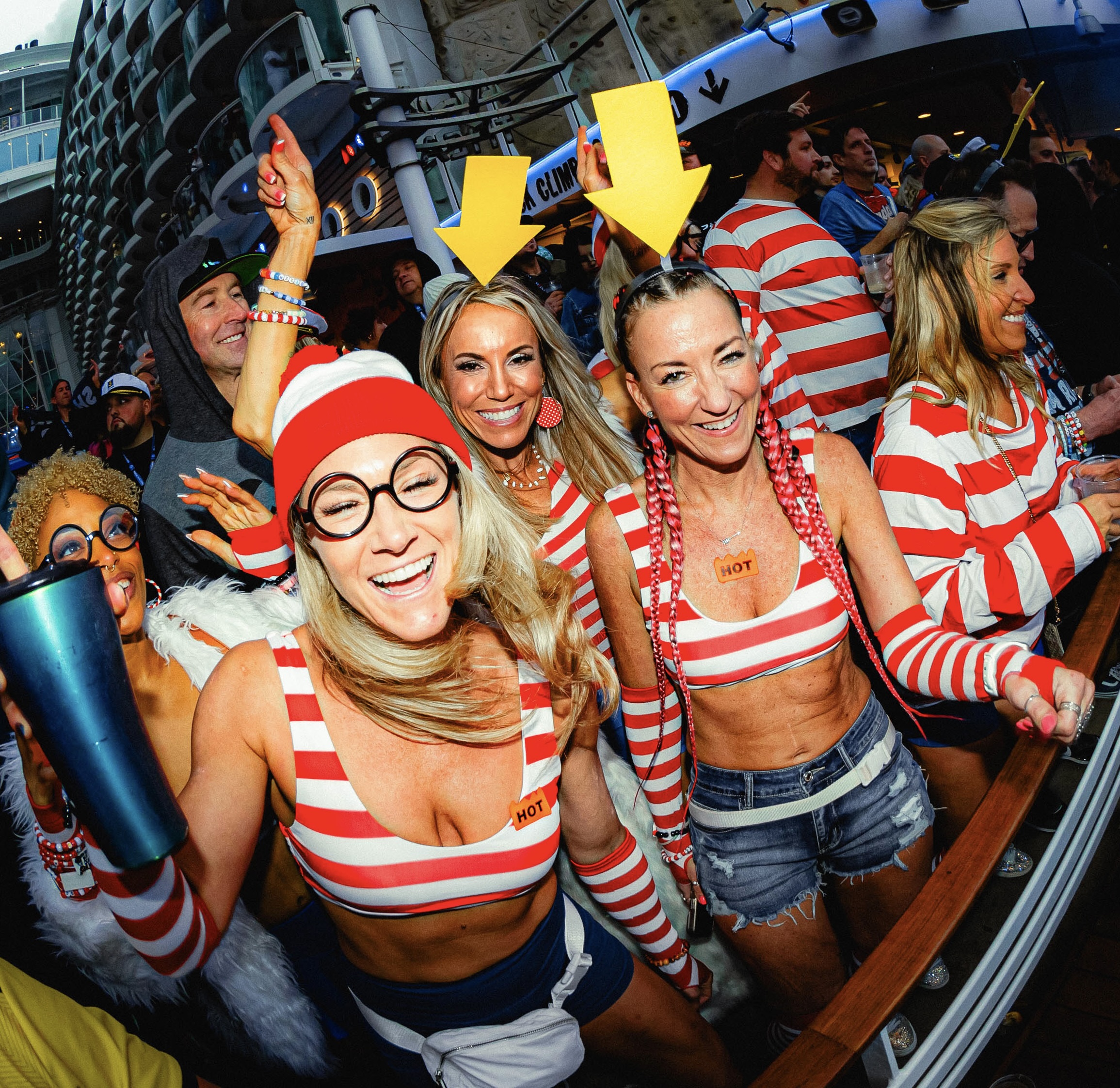 Groove Cruise guests expressing themselves in festival costumes for theme night